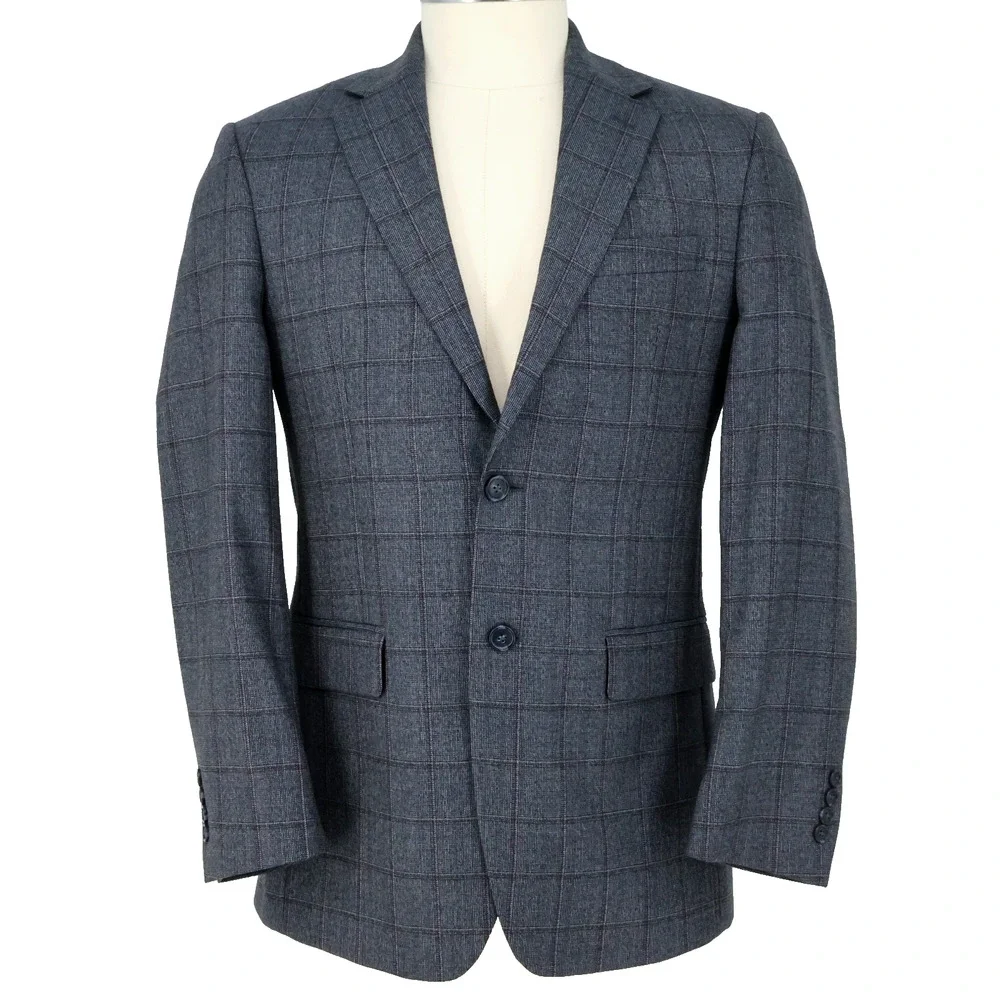 Jos A Bank Travelers Sport Coat Mens 38R Wool Gray Windowpane Plaid Lined Blazer